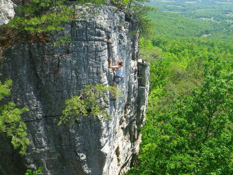 Climber on the sandstone cliffs at Castle Rock
