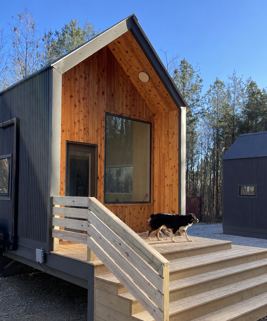 A dog on the deck of a Foster's Cabin